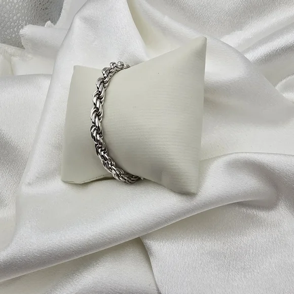 18k White Gold Over Sterling Silver Diamond Cut Rope Bracelet & Moissanite Clasp